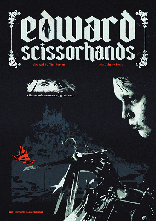Edward-aux-mains-dargent-Poster-Principal Le poster Edward aux mains d’argent est constitué d’éléments textuels informatifs et d'éléments graphiques issus et inspirés du film Edward aux mains d’argent, de Tim Burton (1990). Le poster arbore un style rétro, photocopie, et s'inspire de l'esthétique gothique et horrifique.