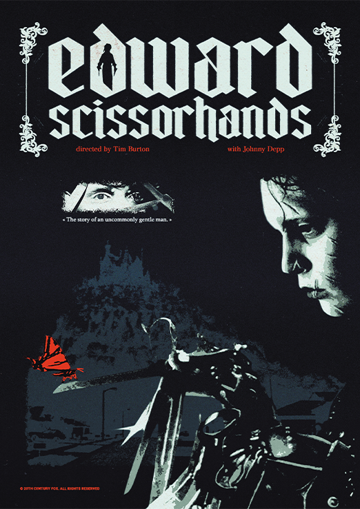 Le poster Edward aux mains d’argent est constitué d’éléments textuels informatifs et d'éléments graphiques issus et inspirés du film Edward aux mains d’argent, de Tim Burton (1990). Le poster arbore un style rétro, photocopie, et s'inspire de l'esthétique gothique et horrifique.