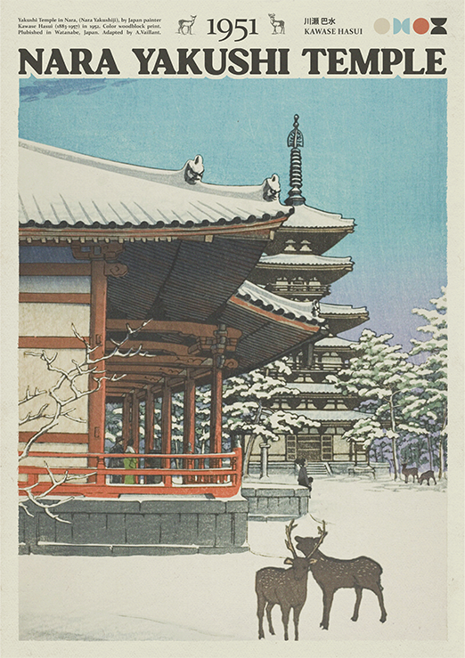 Le poster Nara Park est constitué d’éléments textuels informatifs et d'éléments graphiques issus et inspirés des œuvres de Kawase Hasui (1883-1957). Le poster arbore un style rétro, mélange style encyclopédique et esthétique des années 60’s.
