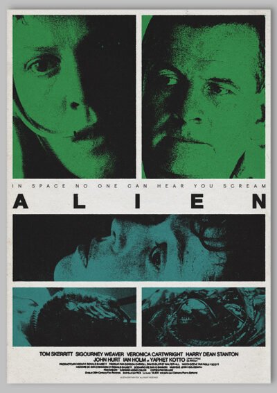 Le poster Alien, est constitué d’éléments textuels informatifs et d'éléments graphiques issus et inspirés du film Alien de Ridley Scott (1979). Le poster arbore un style rétro, monochromatique et inspiré des postes des années 60’s et 70’s.