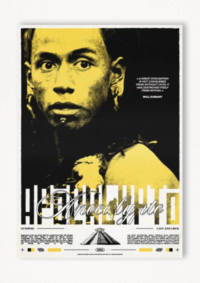 Le poster Apocalypto est constitué d’éléments textuels informatifs et d'éléments graphiques issus et inspirés du film Apocalypto de Mel Gibson (2006). Le poster arbore un style rétro, mélangeant des éléments maximalistes et des structures encyclopédiques.