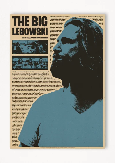 Le poster The Big Lebowski, est constitué d’éléments textuels informatifs et d'éléments graphiques issus et inspirés du film The Big Lebowski des frères Ethan Coen et Joel Coen (1998). Le poster arbore un style photocopie rétro, grunge et reprend des éléments de collage journal.