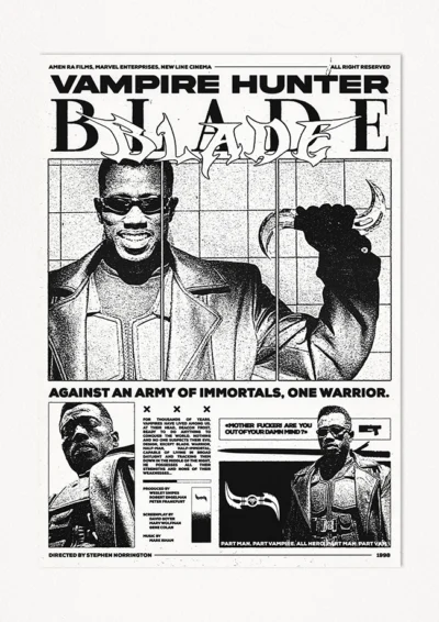 Le poster Blade est constitué d’éléments textuels informatifs et d'éléments graphiques issus et inspirés du film Blade de Stephen Norrington (2009). Le poster arbore un style photocopie, xerox, rétro, Screen printing, monochromatique et brutaliste.
