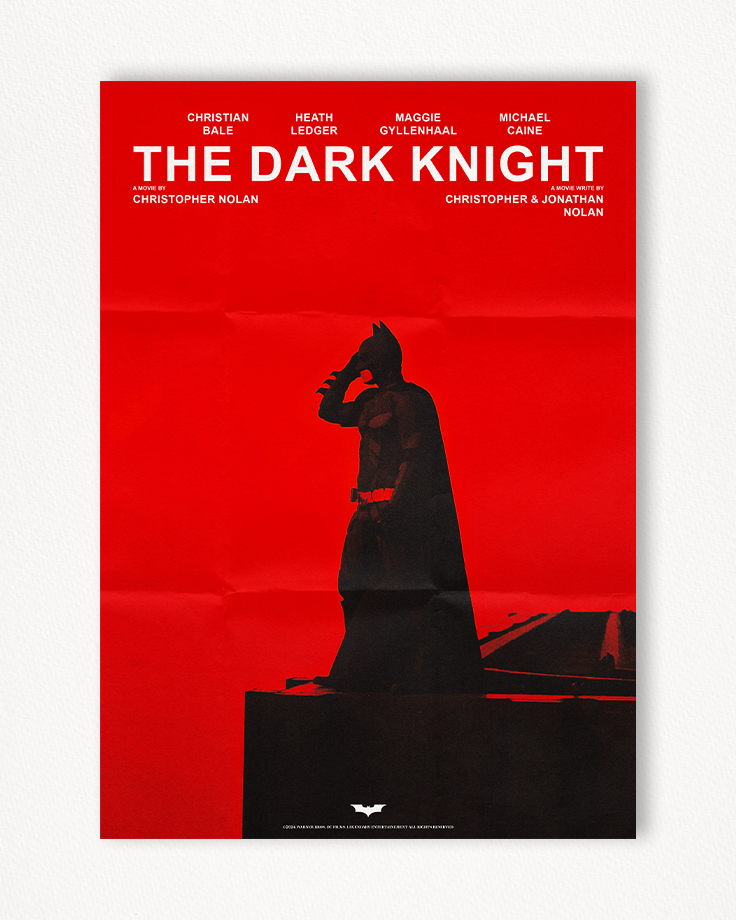Le poster The Dark Knight est constitué d’éléments textuels informatifs et d'éléments graphiques issus et inspirés du film The Dark knight de Christopher Nolan (2008). Le poster arbore un style minimaliste, vertical et reprend le style du film Incendies de Denis Villeneuve.