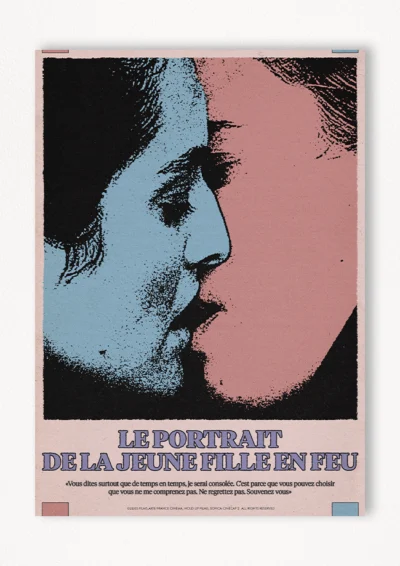 Le poster Portrait de la jeune fille en feu est constitué d’éléments textuels informatifs et d'éléments graphiques issus et inspirés du film Portrait de la jeune fille en feu de Céline Sciamma (2019). Le poster arbore un style photocopie rétro années 60’s et 70’s, grunge et reprend des éléments de collage et de style tampon.