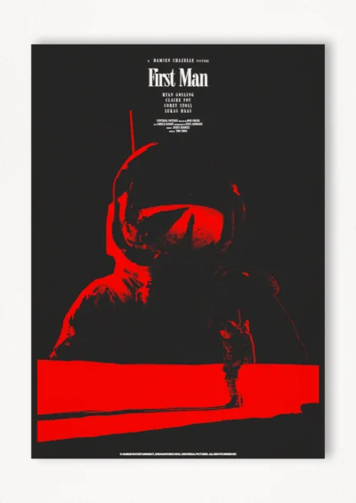 Le poster First Man est constitué d’éléments textuels informatifs et d'éléments graphiques issus et inspirés du film First Man de Damien Chazelle (2018). Le poster arbore un style photocopie, xerox, rétro, Screen printing et monochromatique