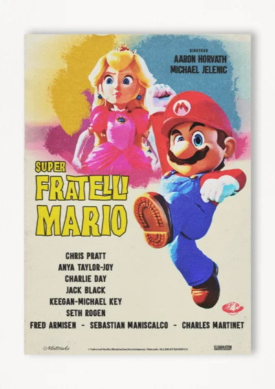 Le poster Super Mario Bros, est constitué d’éléments textuels informatifs et d'éléments graphiques issus et inspirés du film Super Mario Bros, le film, de frères Aaron Horvath, Michael Jelenic (2023). Le poster arbore un style rétro, hommage aux affiches de cinéma des années 40’s et 50’s.