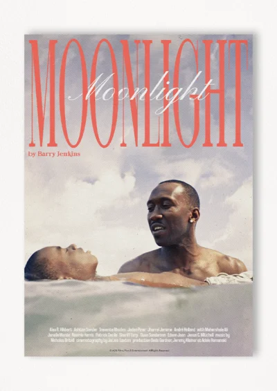 Le poster Moonlight, est constitué d’éléments textuels informatifs et d'éléments graphiques issus et inspirés du film Moonlight de Barry Jenkins (2016). Le poster arbore un style rétro, épuré et met en avant les personnages principaux du film.