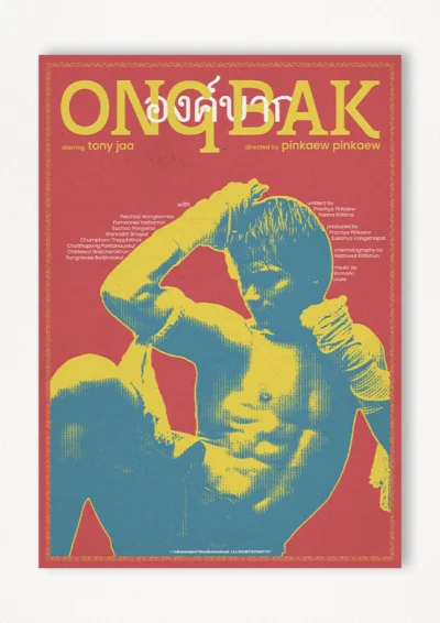 Le poster Ong-Bak est constitué d’éléments textuels informatifs et d'éléments graphiques issus et inspirés du film Ong-Bak de Prachya Pinkaew (2003). Le poster arbore un style rétro, mélangeant des éléments tampon/photocopie et esthétique asiatique traditionnel.