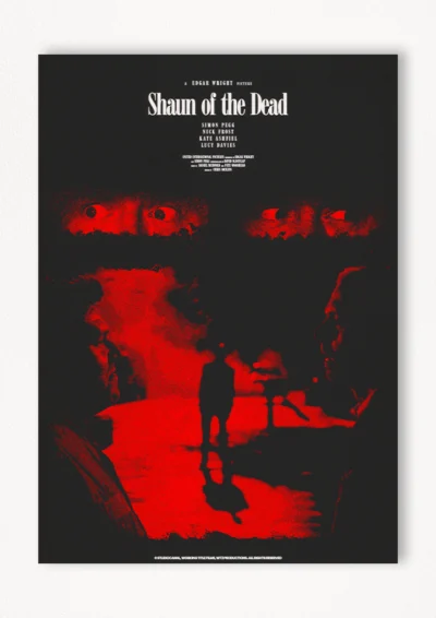 Le poster Shaun of the dead est constitué d’éléments textuels informatifs et d'éléments graphiques issus et inspirés du film Shaun of the dead de Edgar Wright (2005). Le poster arbore un style photocopie, xerox, rétro, Screen printing et monochromatique.