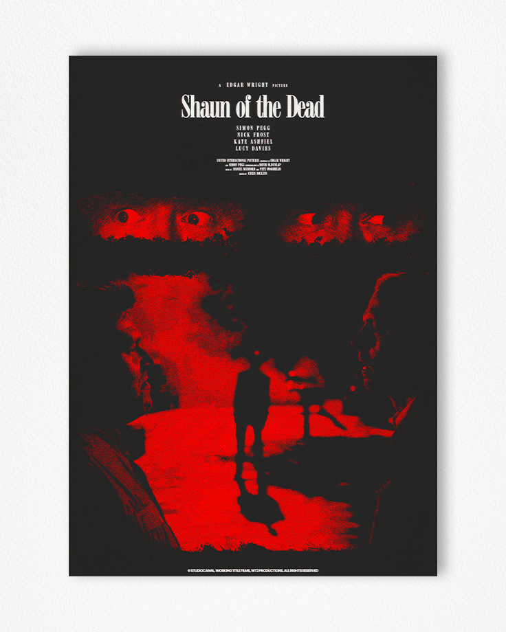 Le poster Shaun of the dead est constitué d’éléments textuels informatifs et d'éléments graphiques issus et inspirés du film Shaun of the dead de Edgar Wright (2005). Le poster arbore un style photocopie, xerox, rétro, Screen printing et monochromatique.