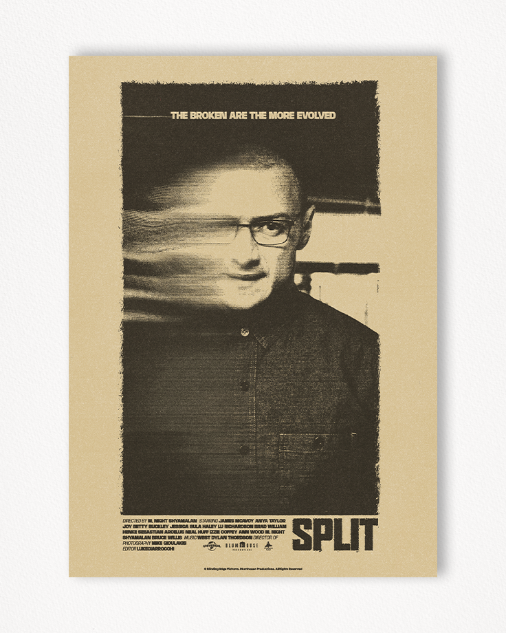 Le poster Split, est constitué d’éléments textuels informatifs et d'éléments graphiques issu et inspiré du film Split de M. Night Shyamalan (2016). Le poster arbore un style photocopie rétro, xerox et grunge.