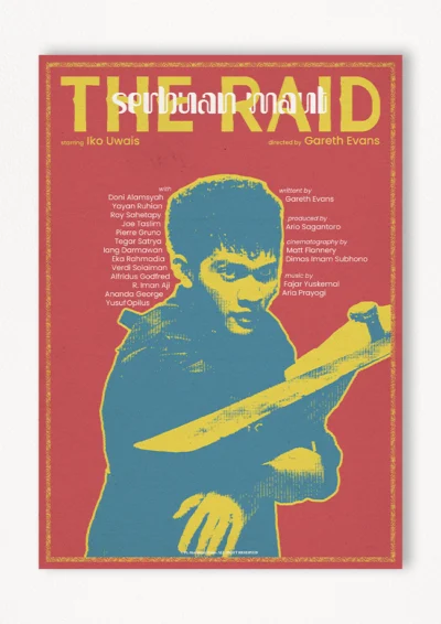 Le poster The Raid est constitué d’éléments textuels informatifs et d'éléments graphiques issus et inspirés du film The Raid de Chad Stahelski et David Leitch (2014). Le poster arbore un style rétro, mélangeant des éléments tampon/photocopie et esthétique asiatique traditionnel.