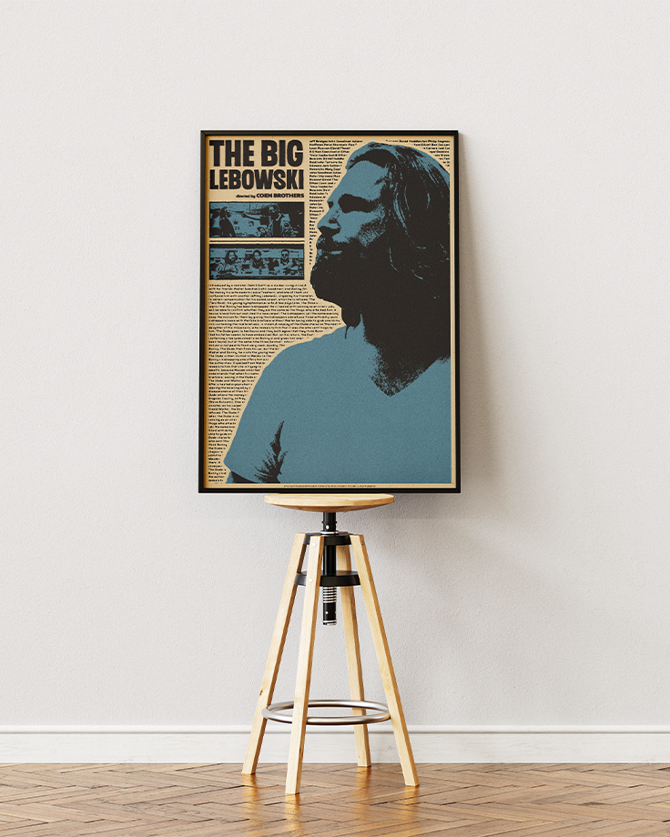 Le poster The Big Lebowski mis en situation réel à travers un mockup afin de promouvoir son esthétisme et de simuler une disposition murale.