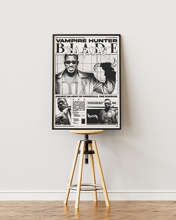Le poster Blade mis en situation réel à travers un mockup afin de promouvoir son esthétisme et de simuler une disposition murale.