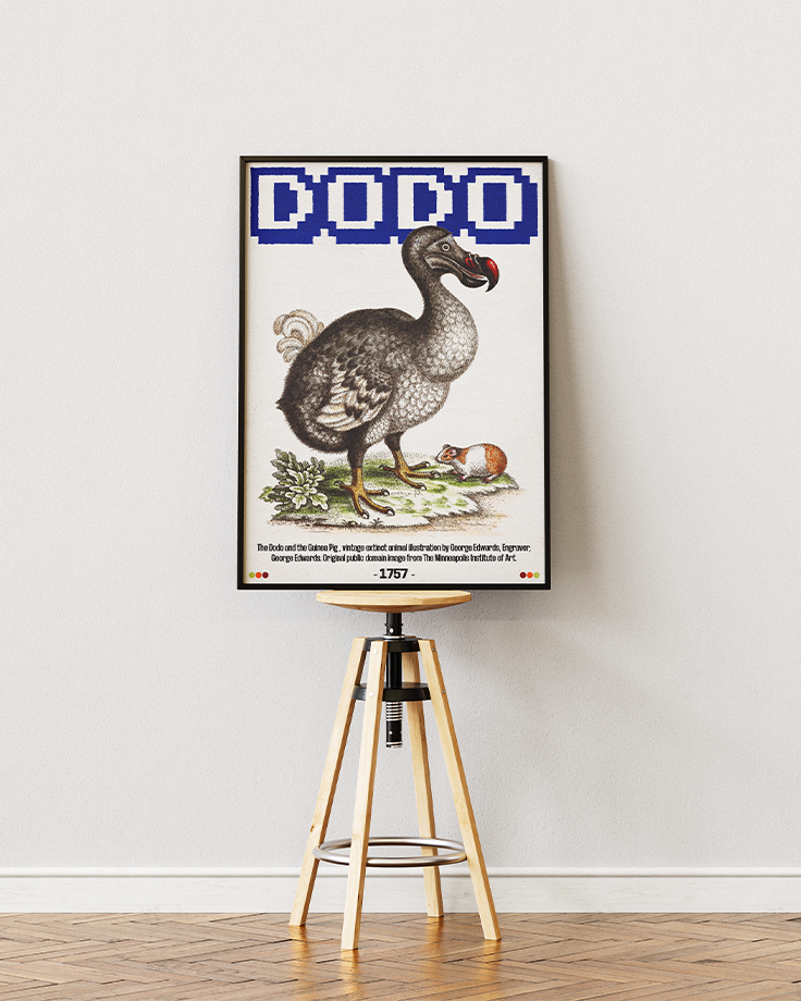 Le poster Dodo mis en situation réel à travers un mockup afin de promouvoir son esthétisme et de simuler une disposition murale.