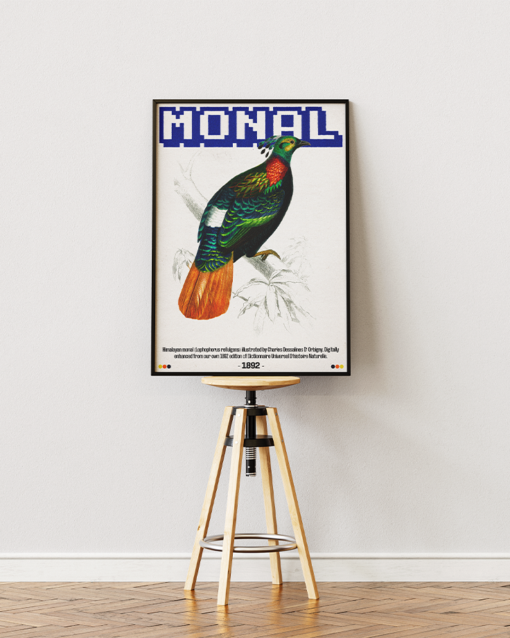 Le poster Monal mis en situation réel à travers un mockup afin de promouvoir son esthétisme et de simuler une disposition murale.
