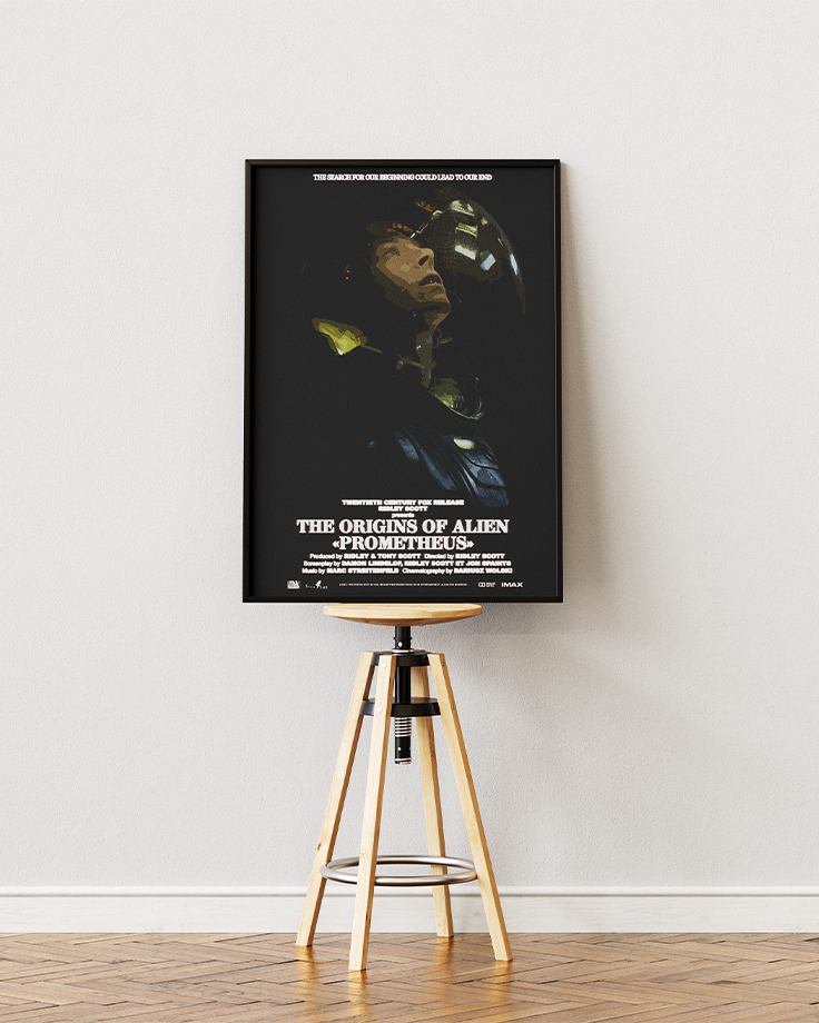 Le poster Prometheus mis en situation réel à travers un mockup afin de promouvoir son esthétisme et de simuler une disposition murale.