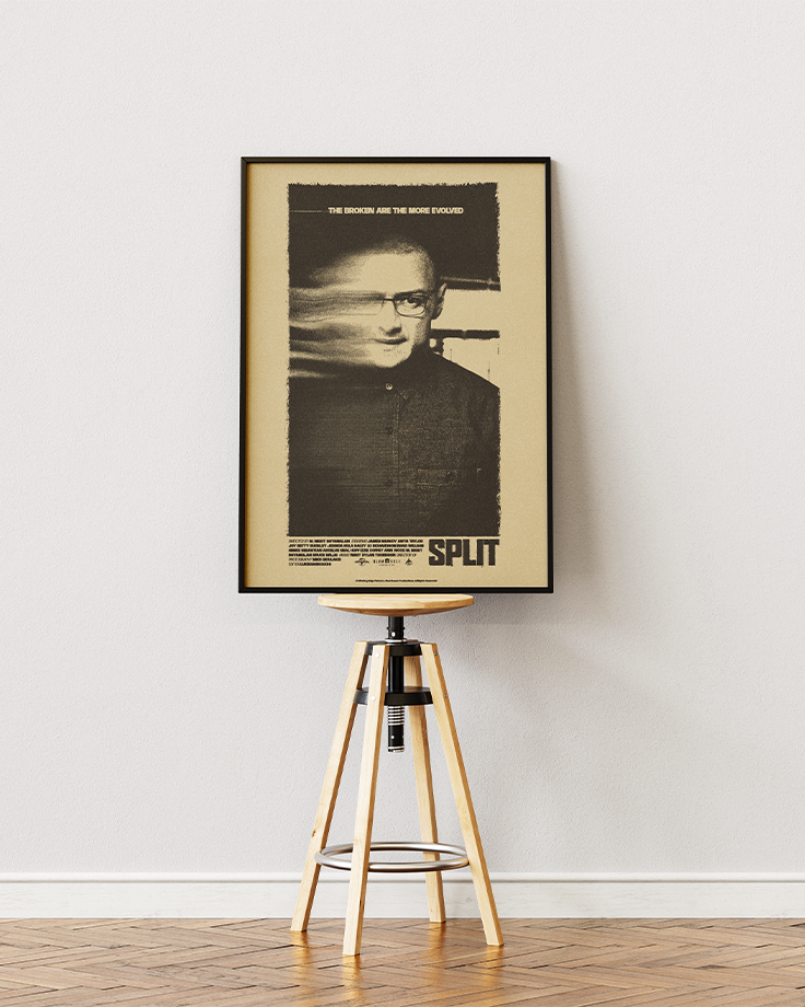 Le poster Split mis en situation réel à travers un mockup afin de promouvoir son esthétisme et de simuler une disposition murale.