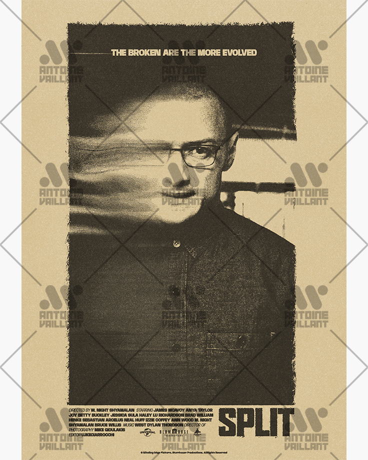 Le poster Split, est constitué d’éléments textuels informatifs et d'éléments graphiques issu et inspiré du film Split de M. Night Shyamalan (2016). Le poster arbore un style photocopie rétro, xerox et grunge.