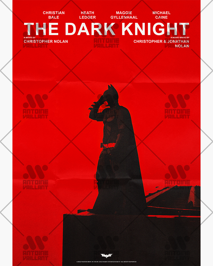 Le poster The Dark Knight est constitué d’éléments textuels informatifs et d'éléments graphiques issus et inspirés du film The Dark knight de Christopher Nolan (2008). Le poster arbore un style minimaliste, vertical et reprend le style du film Incendies de Denis Villeneuve.