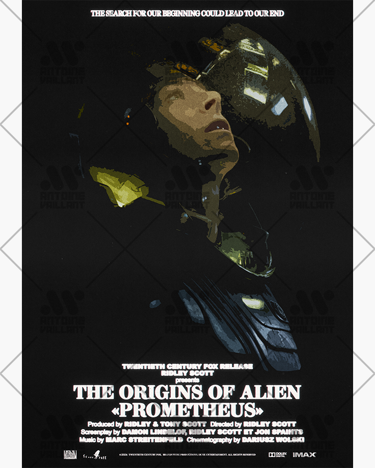 Le poster Prometheus, est constitué d’éléments textuels informatifs et d'éléments graphiques issus et inspirés du film Prometheus de Ridley Scott (2012). Le poster arbore un style rétro, hommage aux affiches de science fiction des années 70s et 80s.