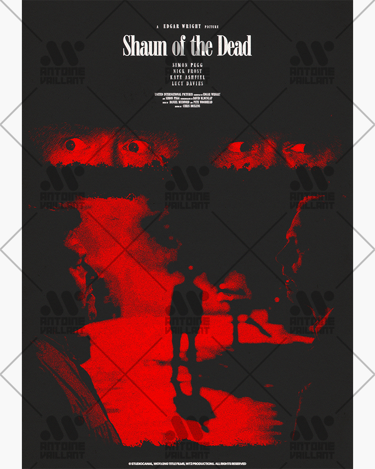 Le poster Shaun of the dead est constitué d’éléments textuels informatifs et d'éléments graphiques issus et inspirés du film Shaun of the dead de Edgar Wright (2005). Le poster arbore un style photocopie, xerox, rétro, Screen printing et monochromatique.