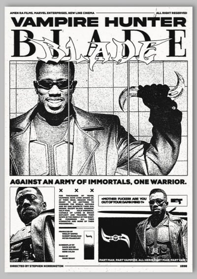 Le poster Blade est constitué d’éléments textuels informatifs et d'éléments graphiques issus et inspirés du film Blade de Stephen Norrington (2009). Le poster arbore un style photocopie, xerox, rétro, Screen printing, monochromatique et brutaliste.