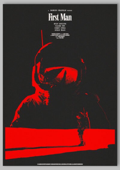 Le poster First Man est constitué d’éléments textuels informatifs et d'éléments graphiques issus et inspirés du film First Man de Damien Chazelle (2018). Le poster arbore un style photocopie, xerox, rétro, Screen printing et monochromatique