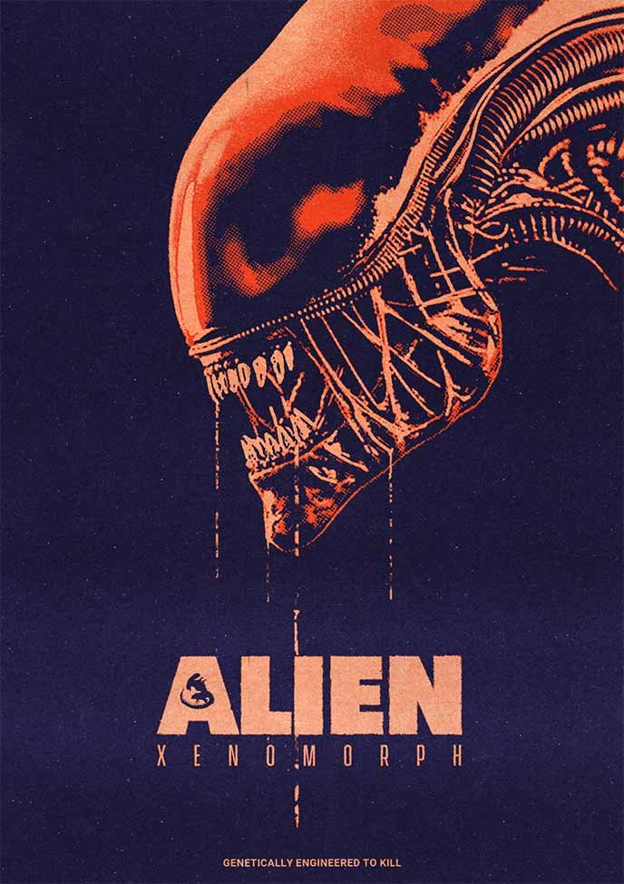 Poster alternatif du poster Alien Xenomorph, constitué des même éléments graphiques que l'original en arborant une palette de couleurs dégradée dans les blues foncé, orange vif et orange crème.