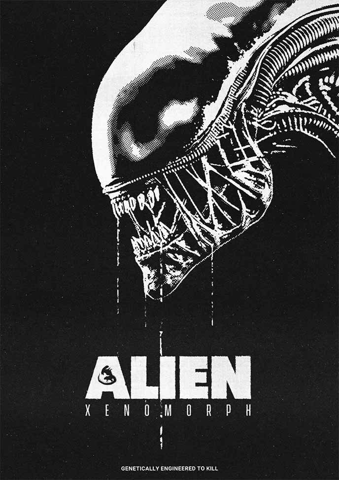 Poster alternatif du poster Alien Xenomorph, constitué des même éléments graphiques que l'original en arborant une monochromie noir et blanche.
