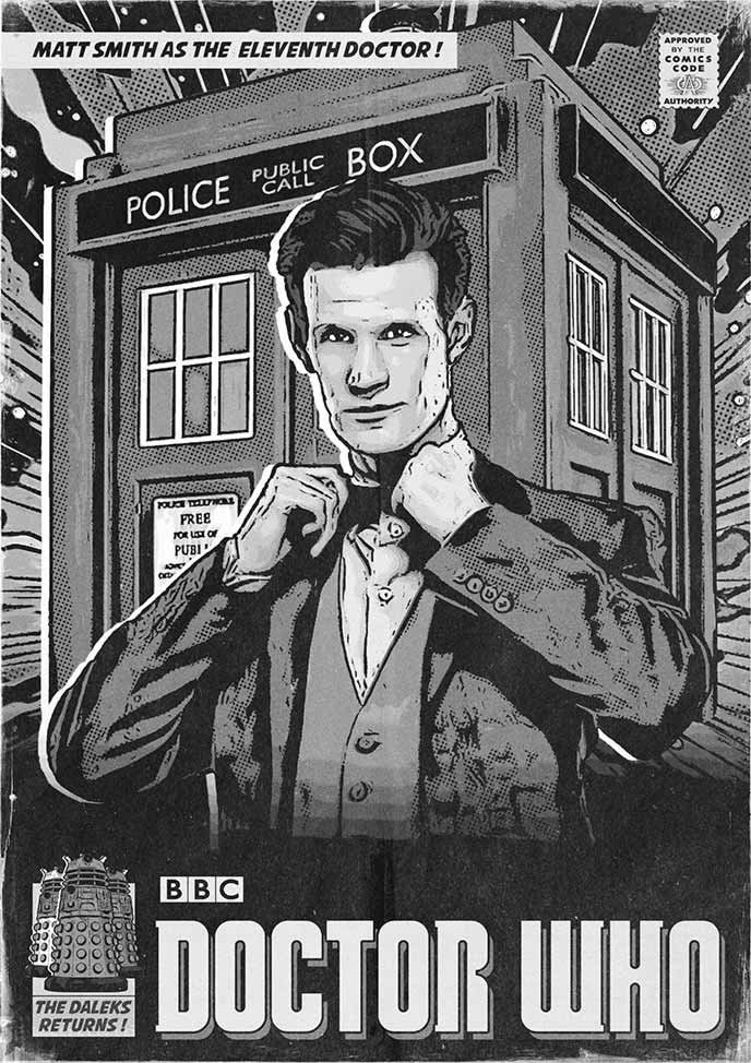 Poster alternatif du poster Doctor Who, constitué des même éléments graphiques que l'original en arborant une monochromie noir et blanche.