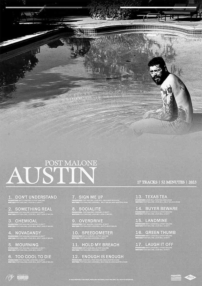 Poster alternatif du poster Austin Post Malone, constitué des même éléments graphiques que l'original en arborant une monochromie noir et blanche.