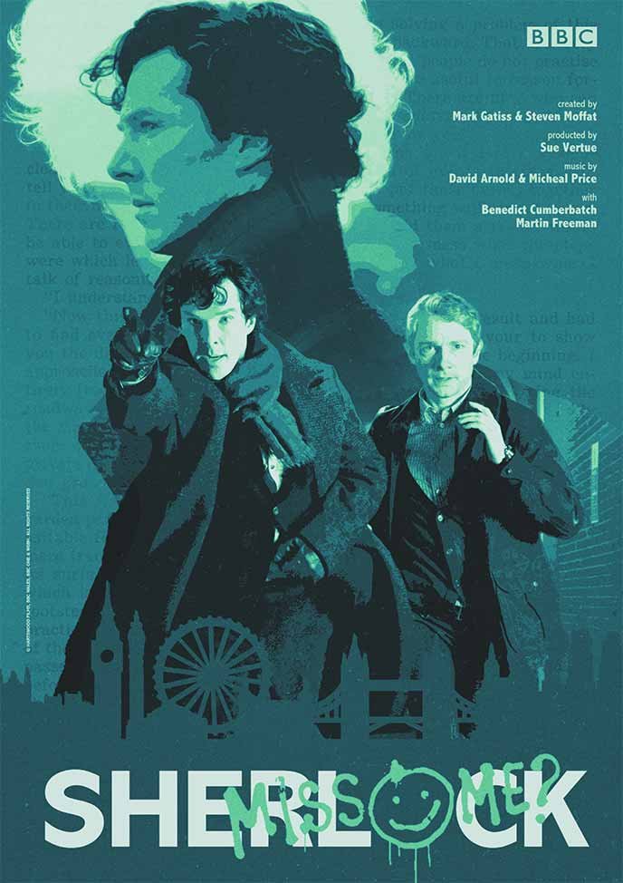 Poster alternatif du poster Sherlock, constitué des même éléments graphiques que l'original en arborant une palette de couleurs dégradée dans les verts foncé à verts claires.