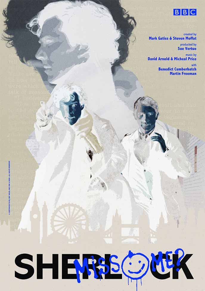 Poster alternatif du poster Sherlock, constitué des même éléments graphiques que l'original en arborant une inversion colorimétrique.
