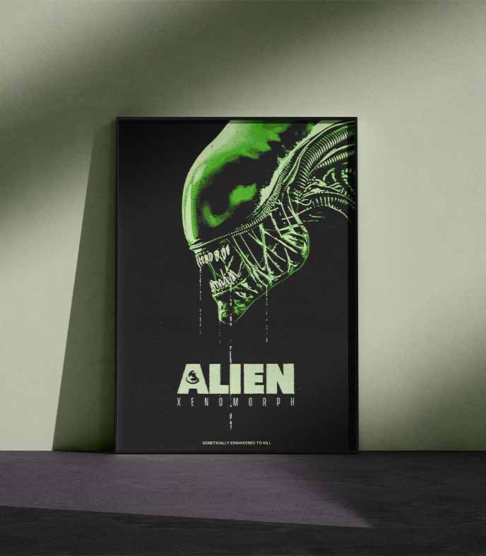 Le poster Alien Xenomorph mis en situation réel à travers un mockup esthétique.