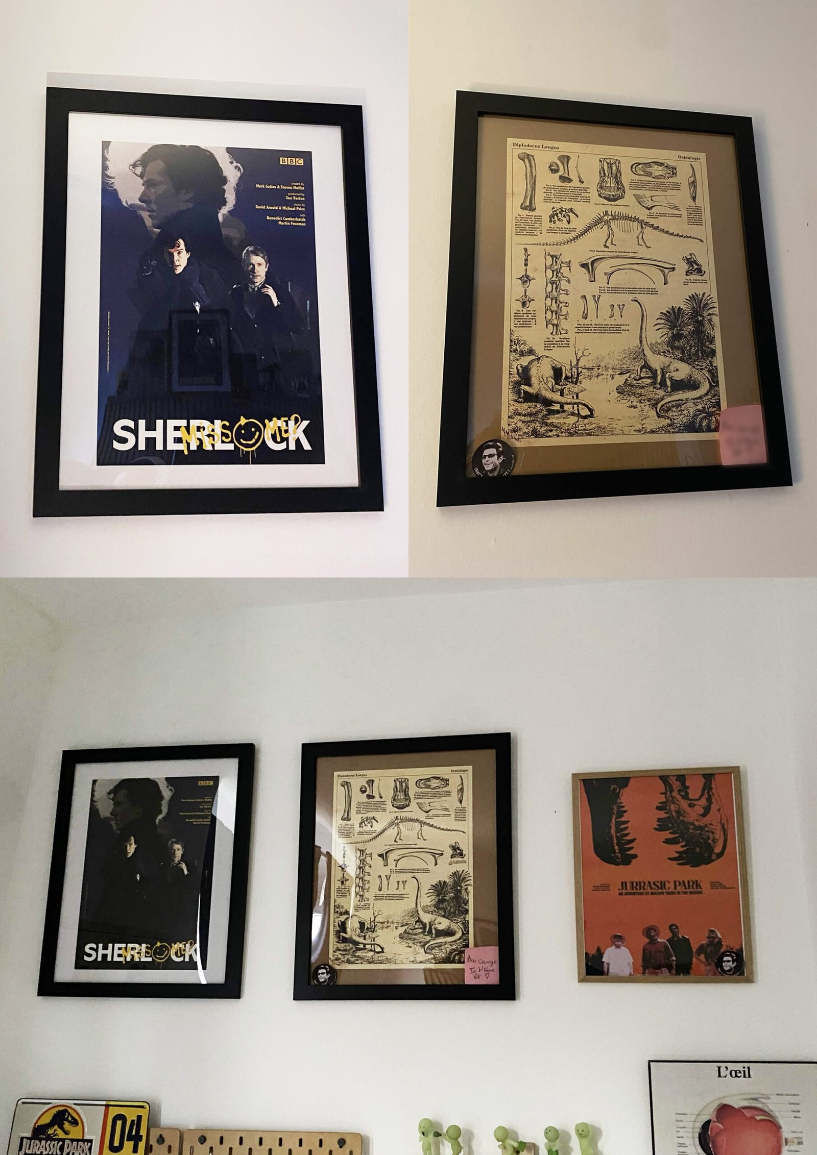 Photographies des posters "Sherlock", "Diplodocus Encyclopedia" et Jurassic Park dans leurs contexte de décoration et d'affichage chez les clients. 