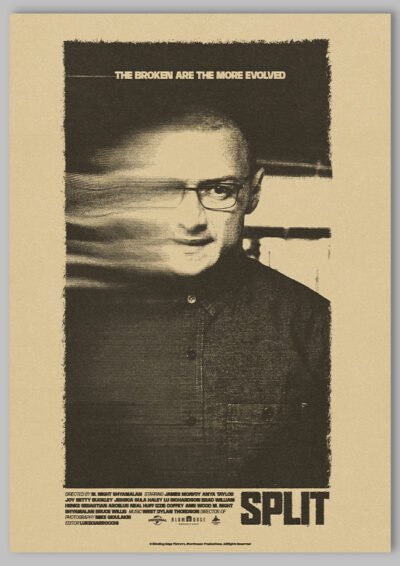 Le poster Split, est constitué d’éléments textuels informatifs et d'éléments graphiques issu et inspiré du film Split de M. Night Shyamalan (2016). Le poster arbore un style photocopie rétro, xerox et grunge.