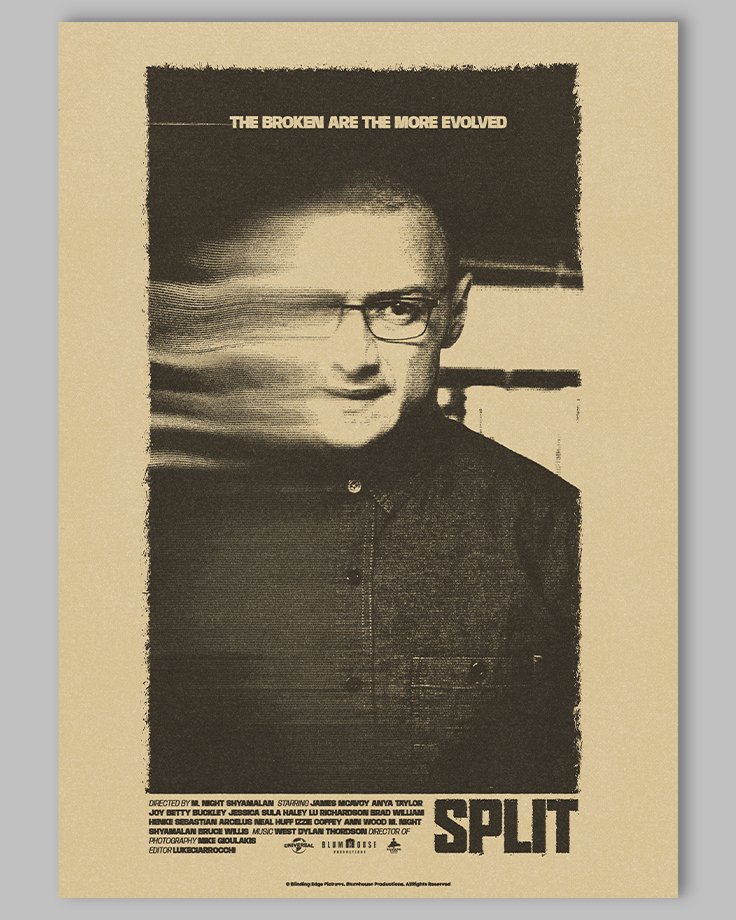 Le poster Split, est constitué d’éléments textuels informatifs et d'éléments graphiques issu et inspiré du film Split de M. Night Shyamalan (2016). Le poster arbore un style photocopie rétro, xerox et grunge.