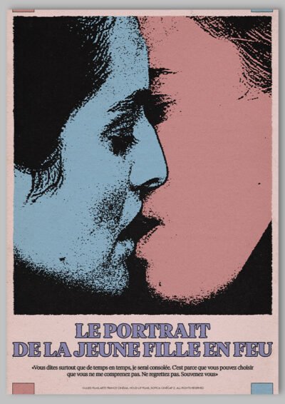 Le poster Portrait de la jeune fille en feu est constitué d’éléments textuels informatifs et d'éléments graphiques issus et inspirés du film Portrait de la jeune fille en feu de Céline Sciamma (2019). Le poster arbore un style photocopie rétro années 60’s et 70’s, grunge et reprend des éléments de collage et de style tampon.