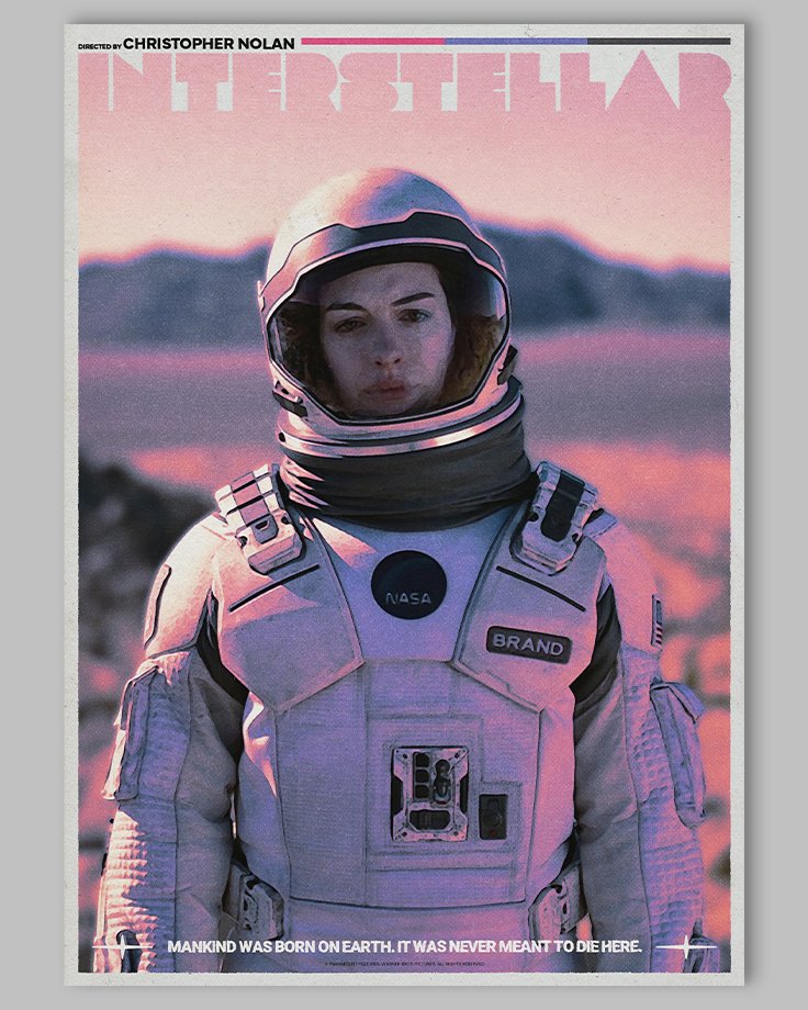 Le poster Interstellar est constitué d’éléments textuels informatifs et d'éléments graphiques issus et inspirés du film Interstellar de Christopher Nolan (2014). Le poster arbore un style rétro, mélangeant des éléments de structures et graphiques des magazines des années 60’s et 70’s.