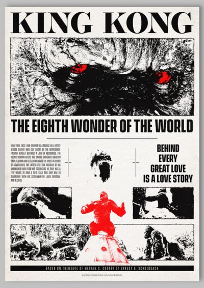 Le poster King Kong est constitué d’éléments textuels informatifs et d'éléments graphiques issus et inspirés du film King Kong de Peter Jackson (2005). Le poster arbore un style rétro, xérox photocopie et brutalisme.