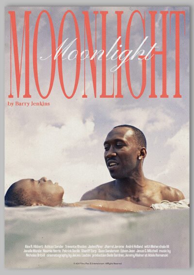 Le poster Moonlight, est constitué d’éléments textuels informatifs et d'éléments graphiques issus et inspirés du film Moonlight de Barry Jenkins (2016). Le poster arbore un style rétro, épuré et met en avant les personnages principaux du film.