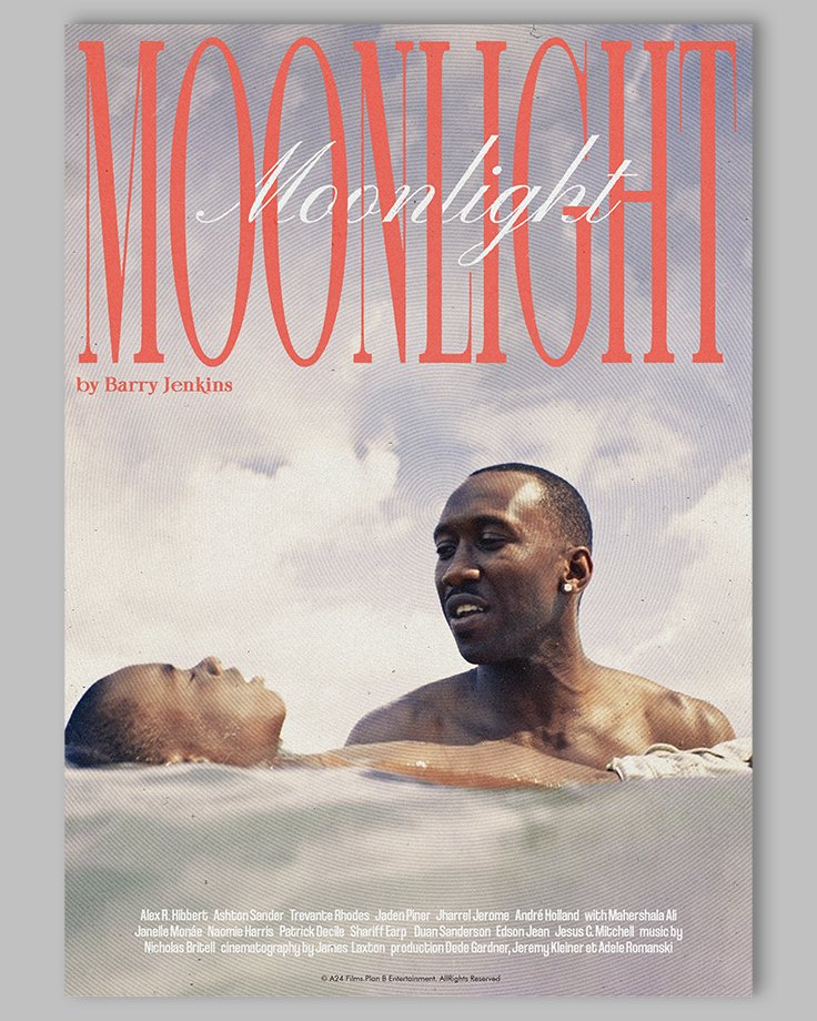 Le poster Moonlight, est constitué d’éléments textuels informatifs et d'éléments graphiques issus et inspirés du film Moonlight de Barry Jenkins (2016). Le poster arbore un style rétro, épuré et met en avant les personnages principaux du film.