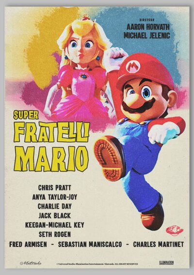 Le poster Super Mario Bros, est constitué d’éléments textuels informatifs et d'éléments graphiques issus et inspirés du film Super Mario Bros, le film, de frères Aaron Horvath, Michael Jelenic (2023). Le poster arbore un style rétro, hommage aux affiches de cinéma des années 40’s et 50’s.