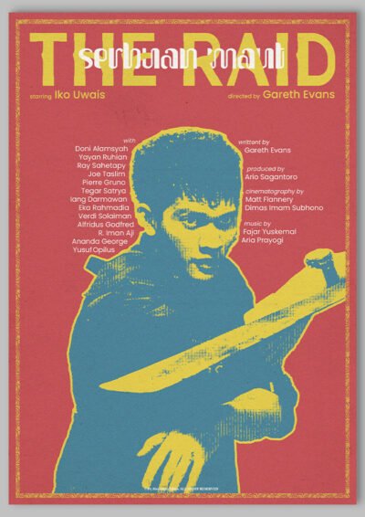 Le poster The Raid est constitué d’éléments textuels informatifs et d'éléments graphiques issus et inspirés du film The Raid de Chad Stahelski et David Leitch (2014). Le poster arbore un style rétro, mélangeant des éléments tampon/photocopie et esthétique asiatique traditionnel.