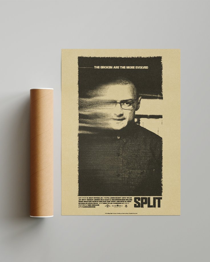 Le poster Split mis en situation réel à travers un mockup présentant le tube d'expédition en carton.