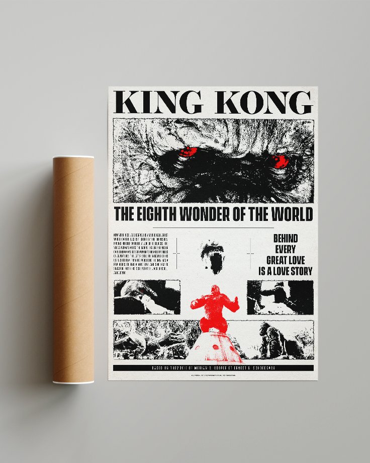 Le poster King Kong mis en situation réel à travers un mockup présentant le tube d'expédition en carton.