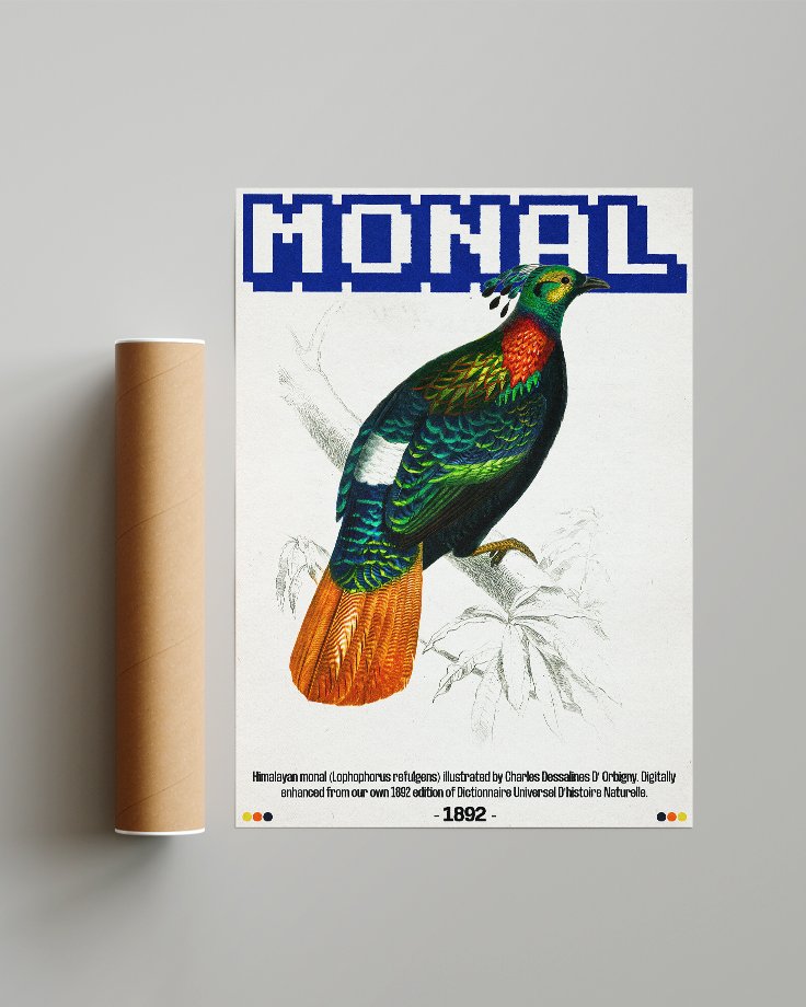 Le poster Monal mis en situation réel à travers un mockup présentant le tube d'expédition en carton.
