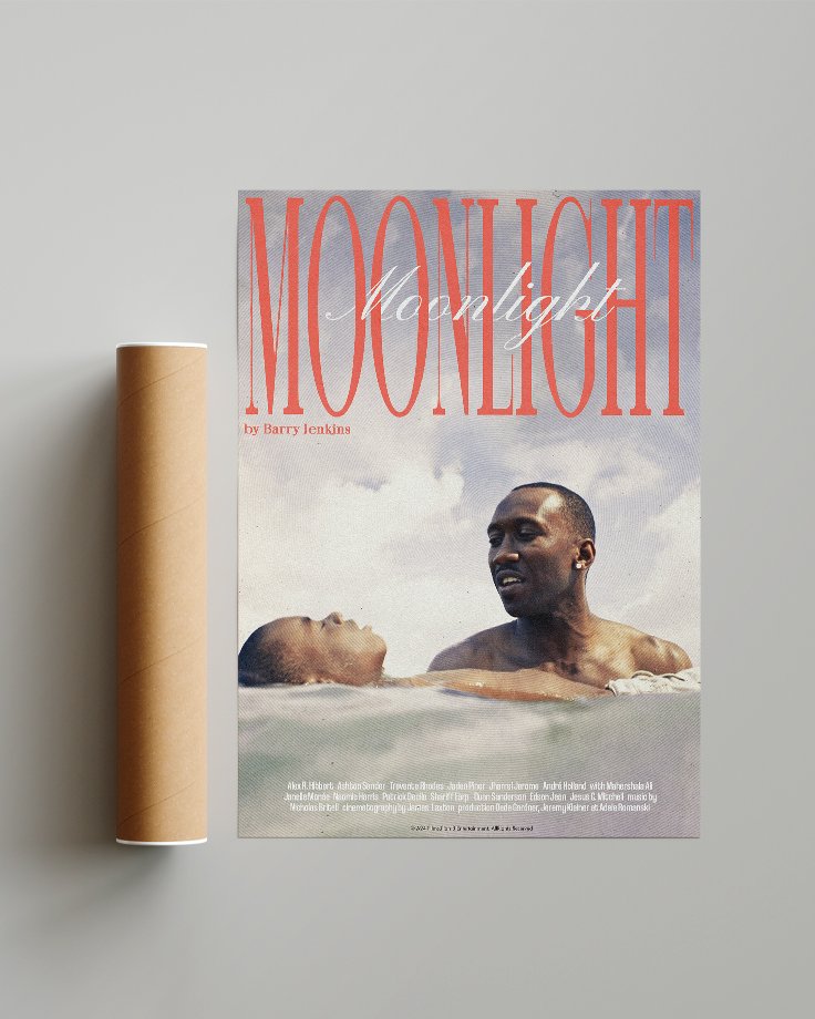 Le poster Moonlight mis en situation réel à travers un mockup présentant le tube d'expédition en carton.